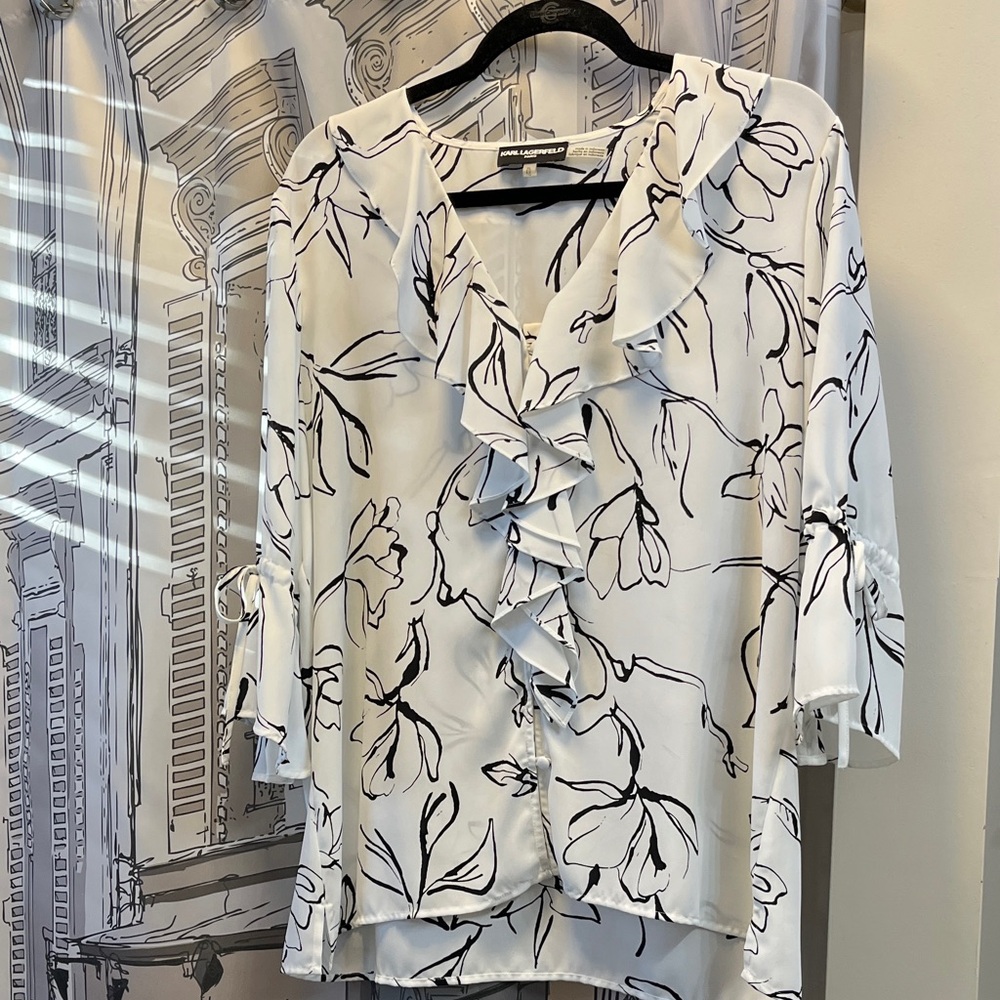 Karl Lagerfeld Black and White Floral Ruffle Blouse